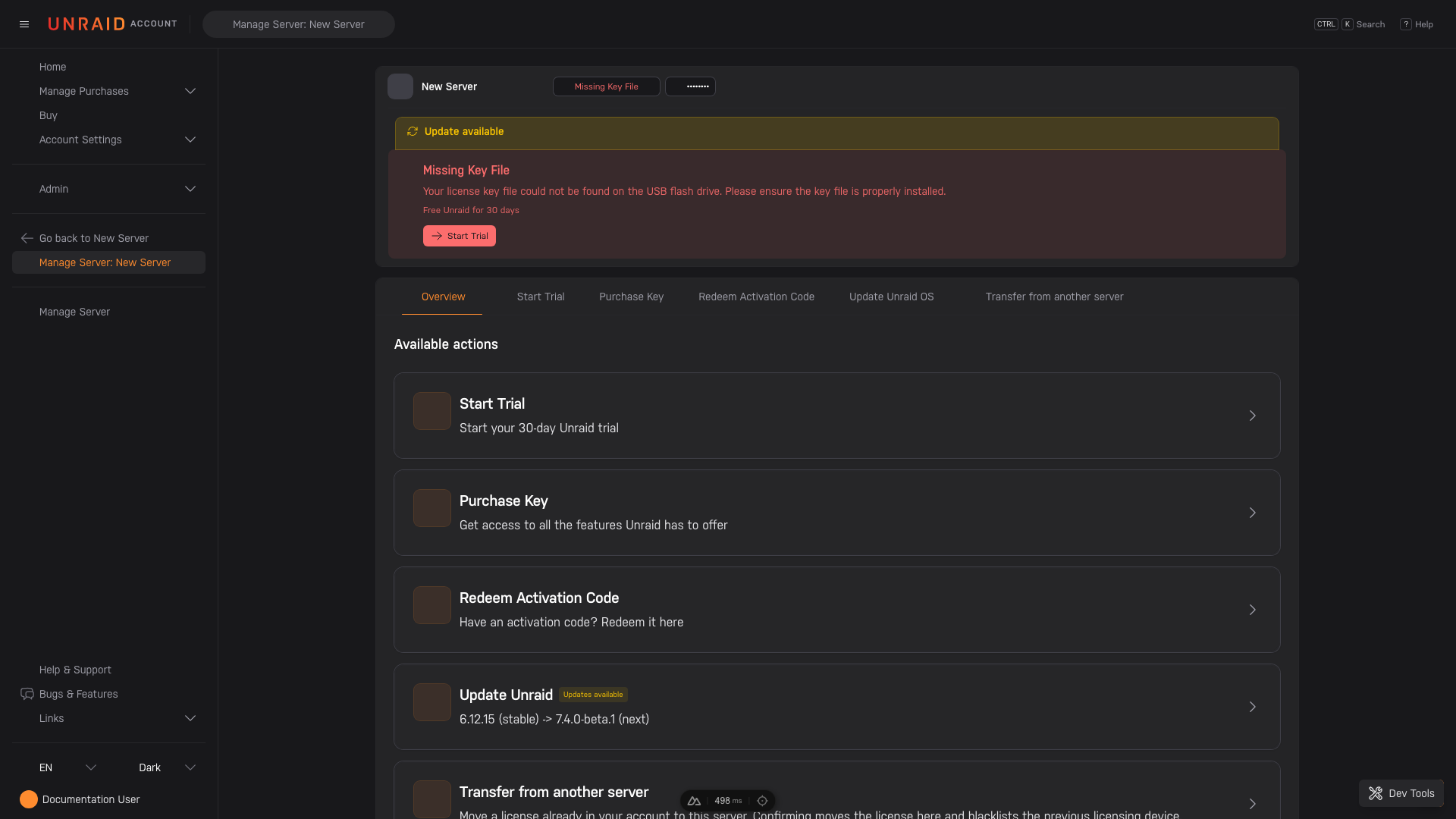 The Account app's new server overview with available setup actions