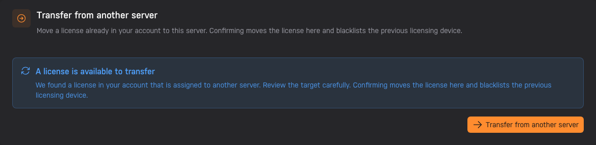 The Account app's transfer card showing an available license move