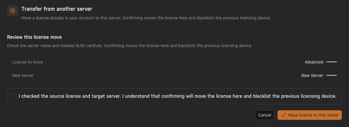 The Account app's license move review showing the source license, new server, and masked GUIDs