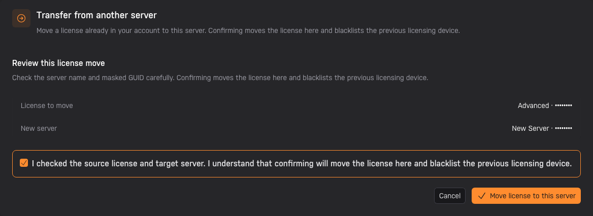 The Account app's license move review after acknowledgement, with Move license to this server available